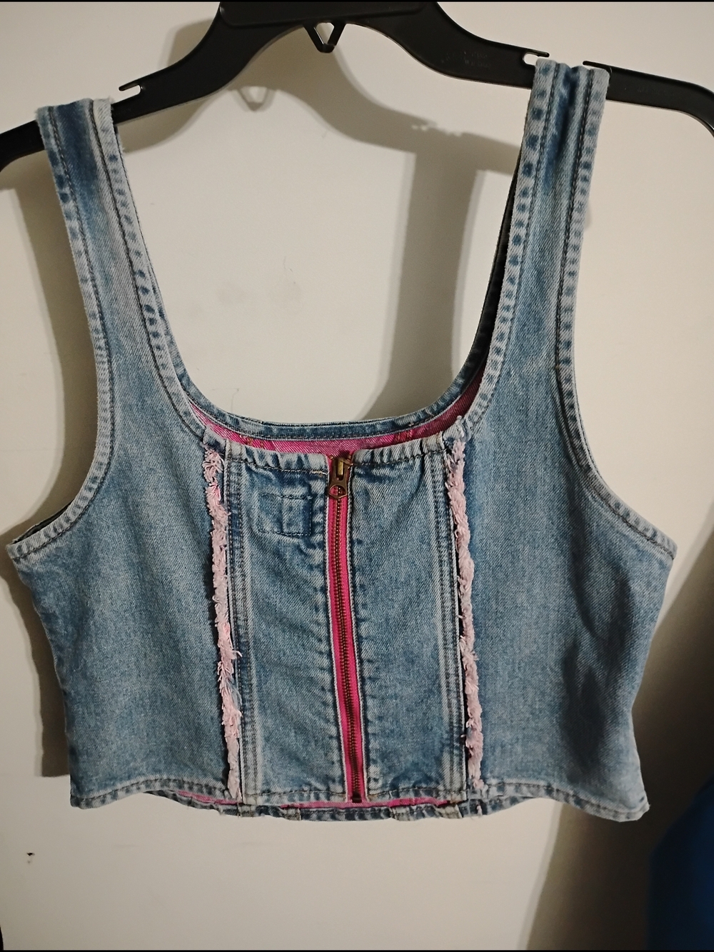Denim Crop Tank Top with Pink Zip Trim - Women